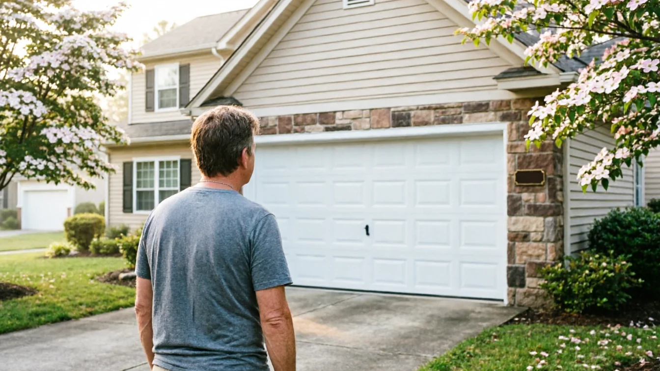 A man stands in a driveway looking at a white garage door on a house.