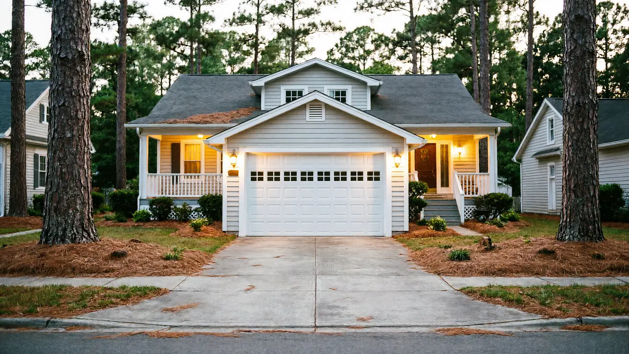 A light gray house with a white garage door and a concrete driveway.