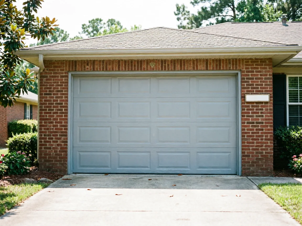A light gray garage door is on a brick house with a concrete driveway.
