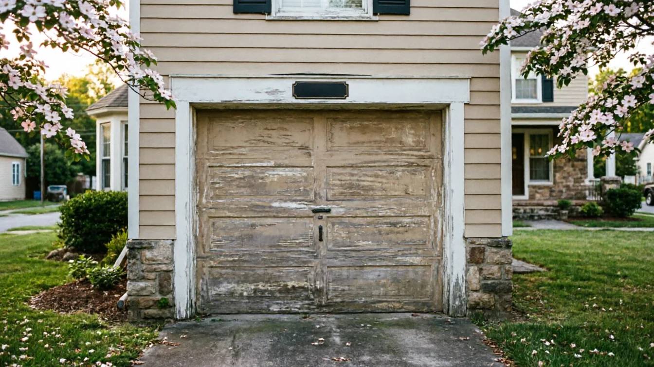 The old wooden garage door has peeling paint and a black handle.