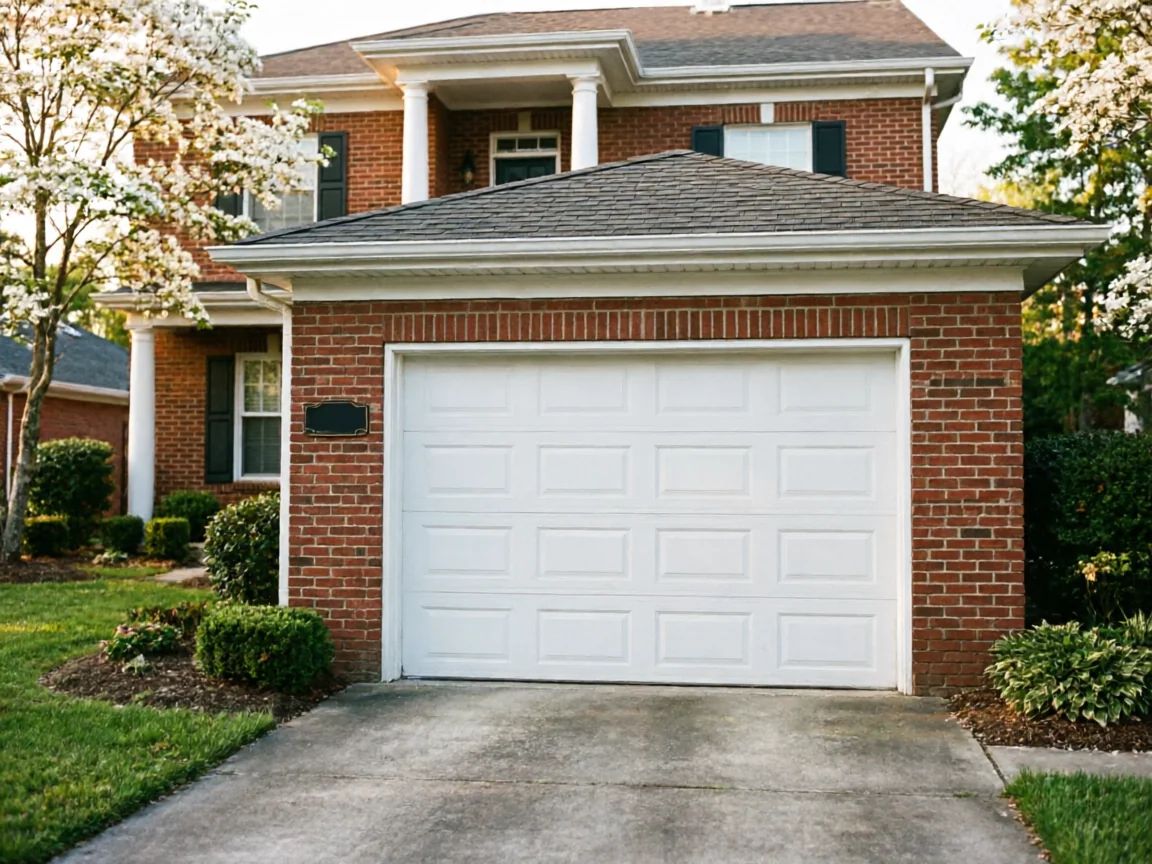 A white paneled garage door is on a brick house with a green lawn.