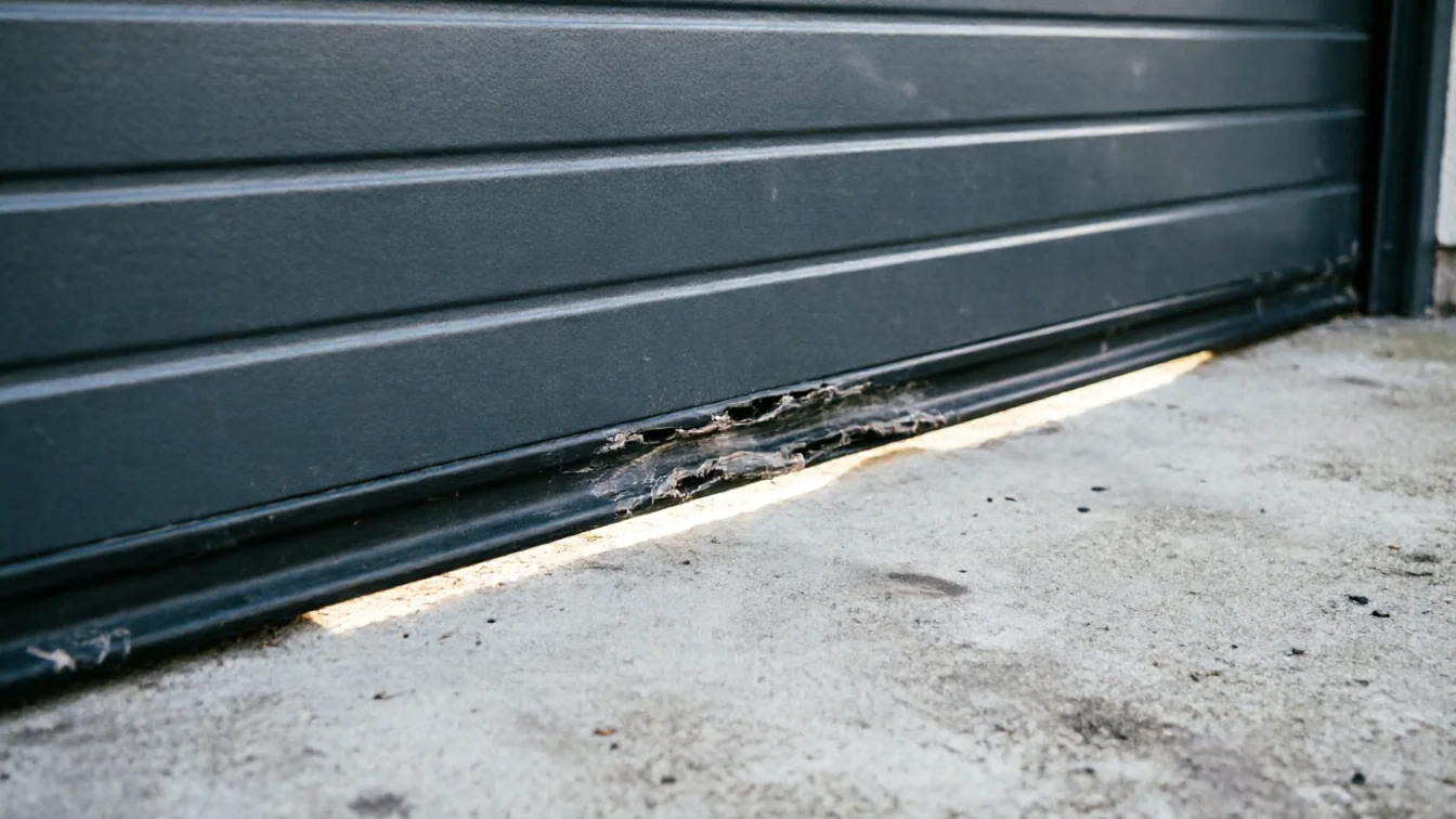 The bottom of a dark gray garage door has a damaged weather seal.